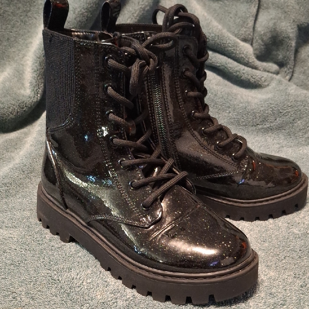 Shiny Black Kids Combat Boots